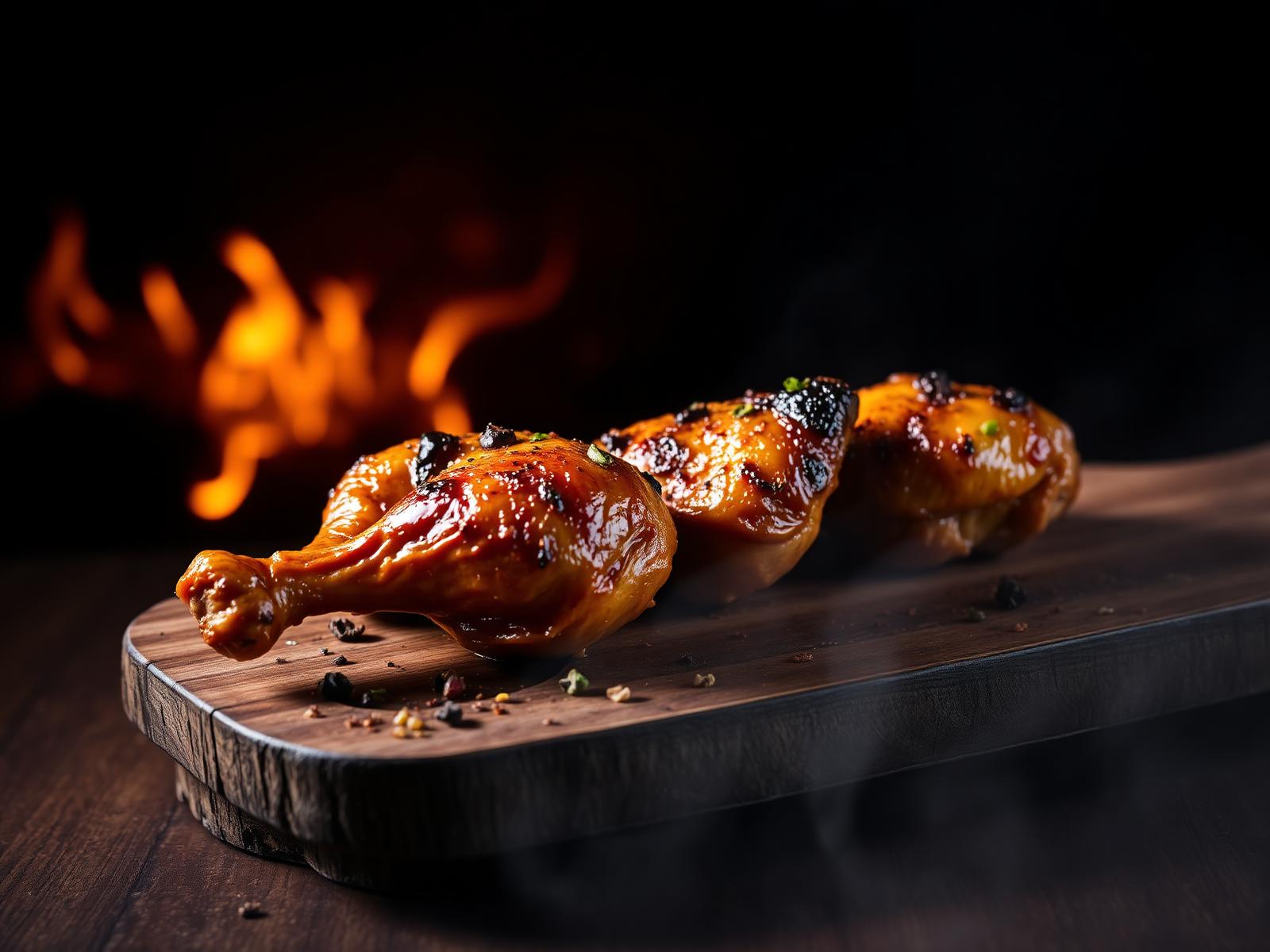Flame-grilled chicken with charcoal embers